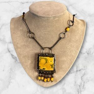 Artisan Hand crafted metal and bead statement necklace abstract 25 inches